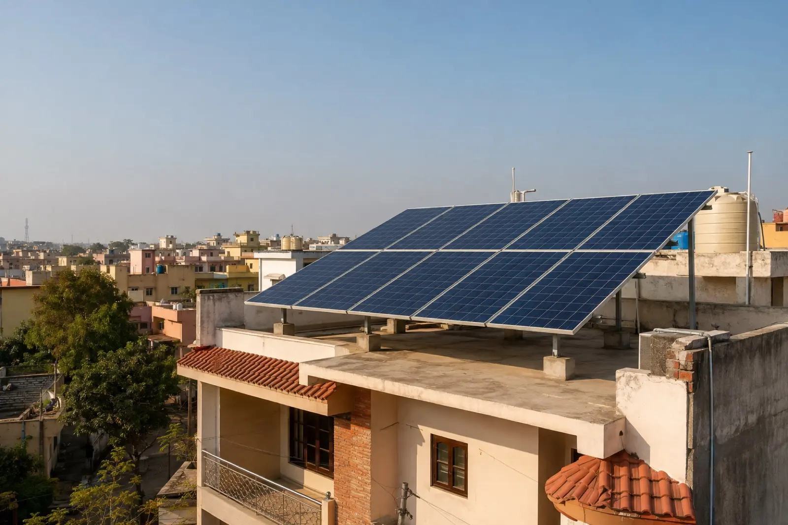 Rooftop solar panels installed on an Indian urban home